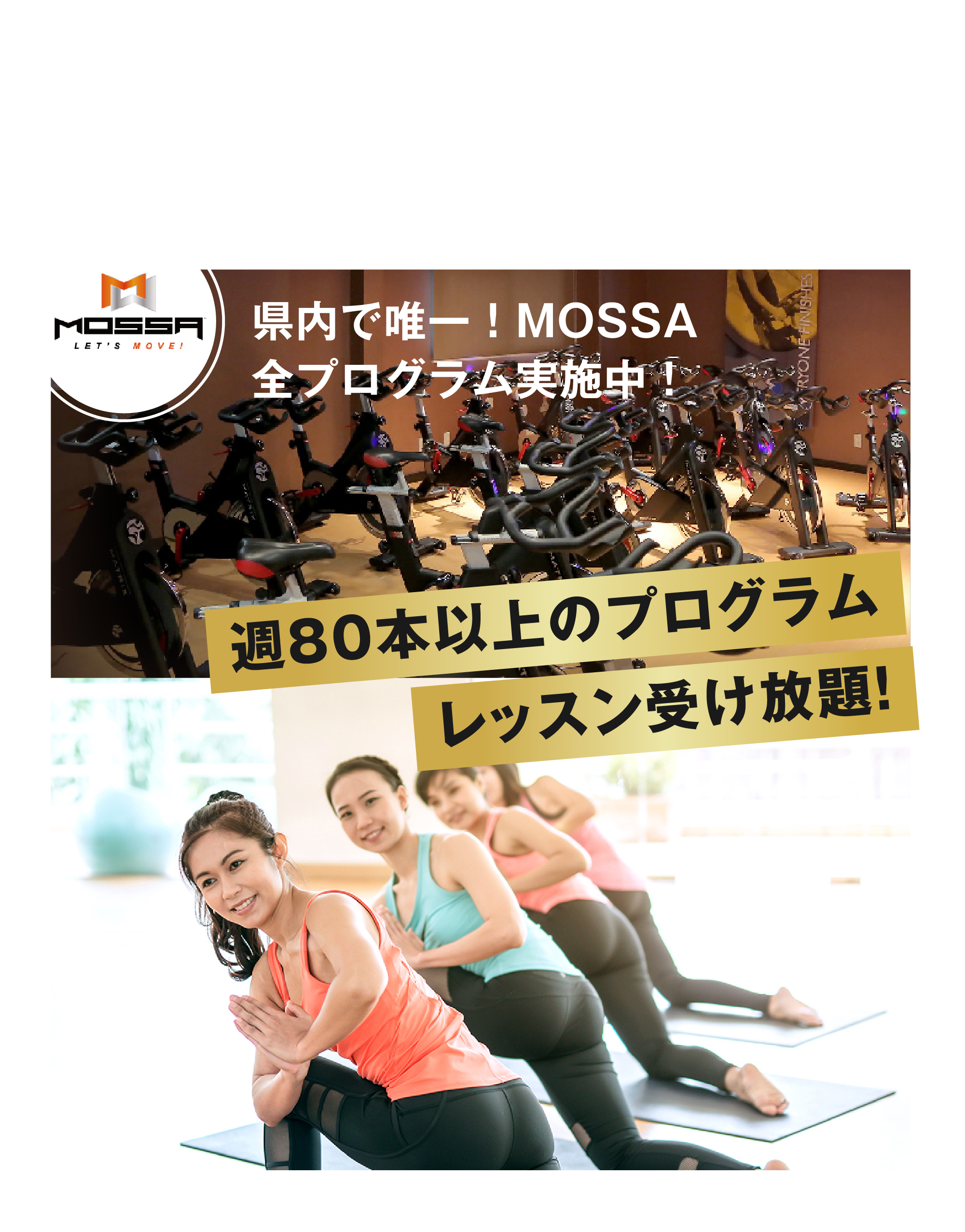 02スタジオは3面も完備！●Aスタジオ  ●Bスタジオ  ●バイクスタジオ県内で唯一！MOSSA全プログラム実施中！週80本以上のプログラムレッスン受け放題！