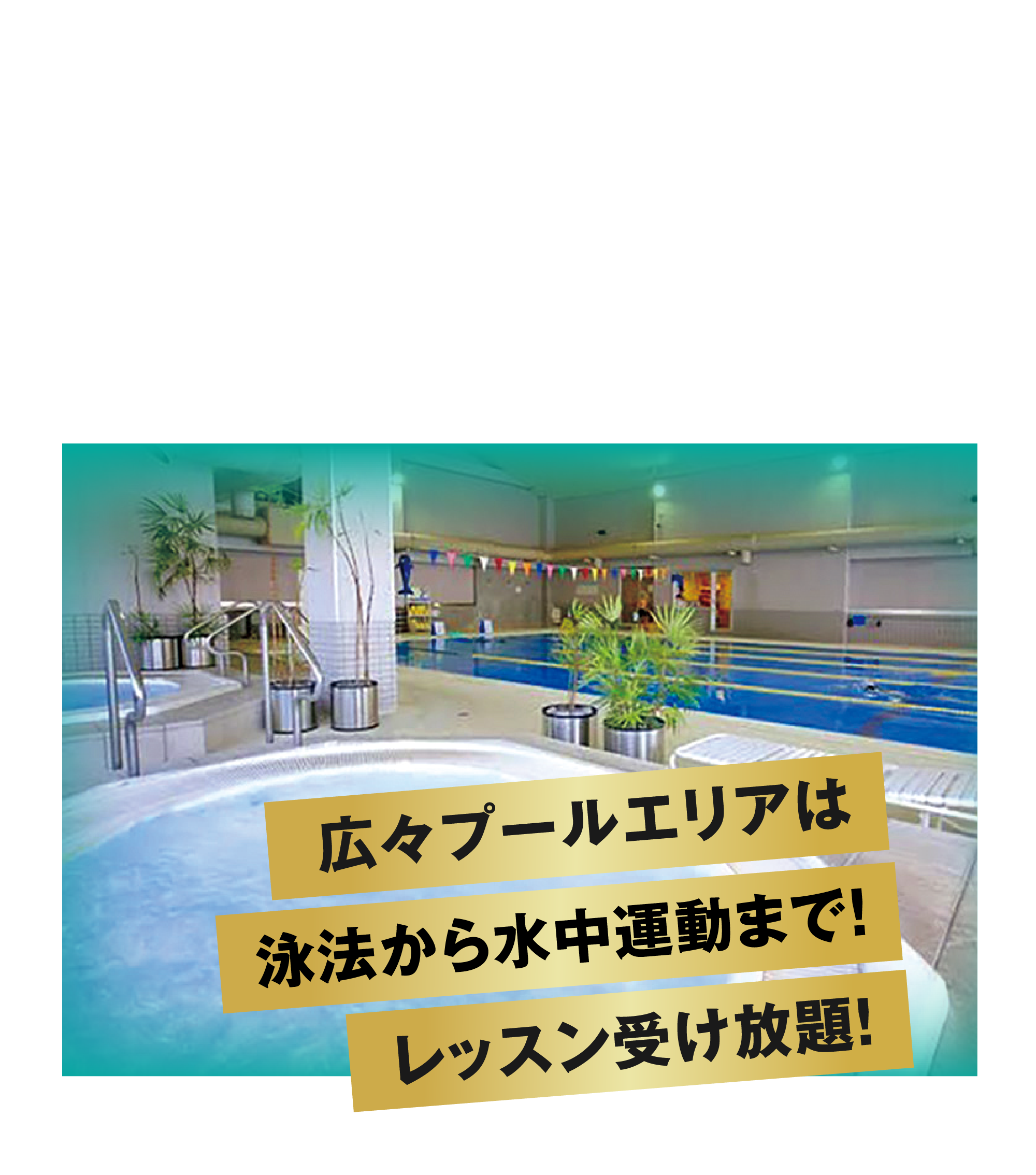 03目的にあわせた3つのスタイルのプール完備！●メインプール25m×5コース　●ウォーキング専用プール ●ジャグジー広々プールエリアは泳法から水中運動まで！