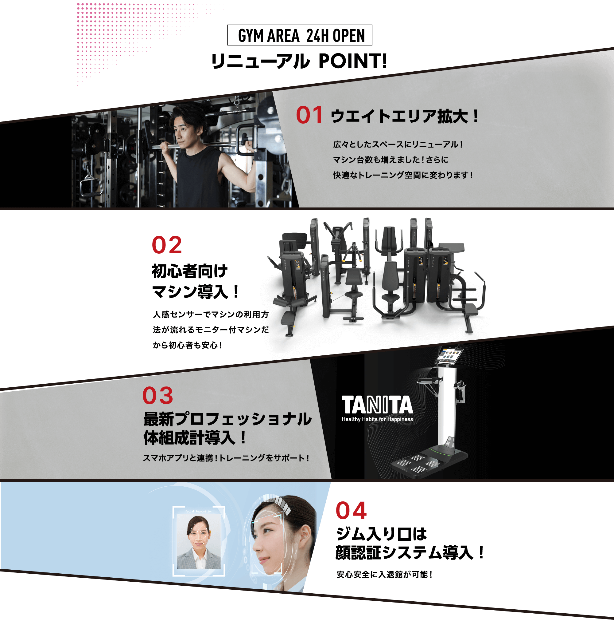 リニューアル POINT! 01ウエイトエリア拡大！02初心者向けマシン導入！ 03最新プロフェッショナル体組成計導入！ 04ジム入り口は顔認証システム導入！